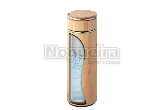Garrafa Térmica em Bambu e Infusor Personalizada