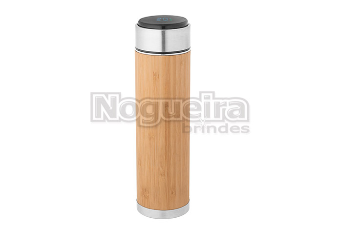 Garrafa Térmica em Bambu e Tampa com Termômetro Digital Personalizada